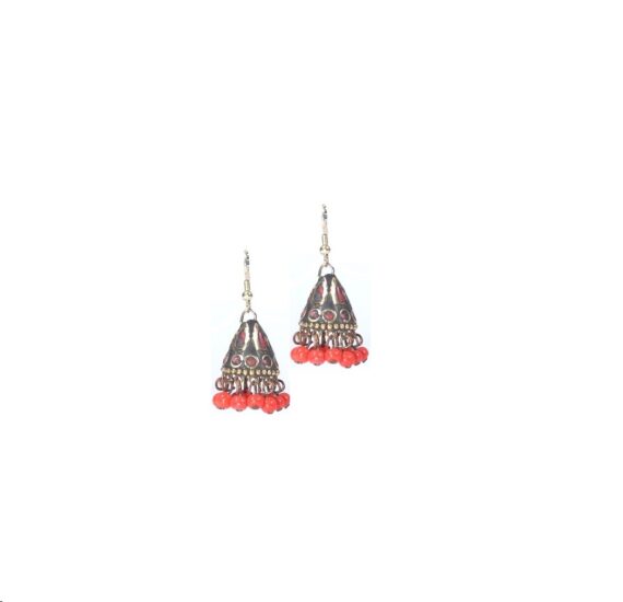 Nepali Mosaic Work Jhumka Earrings in Red