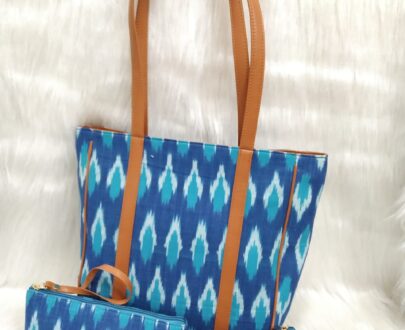 Ikkat Tote Bag With Pouch And Purse Set in Blue