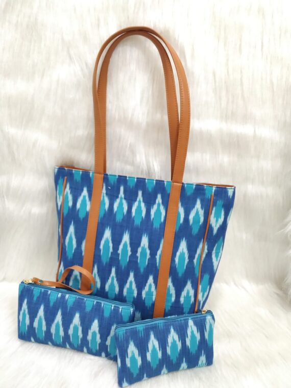 Ikkat Tote Bag With Pouch And Purse Set in Blue