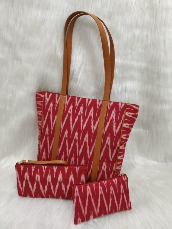 Ikkat Tote Bag With Pouch And Purse Set in Maroon