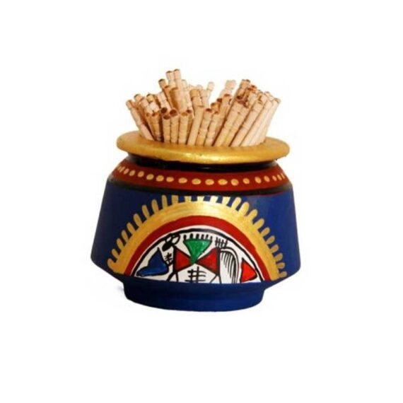 Terracotta Hand Painted Toothpick Holder With Warli Art in Blue