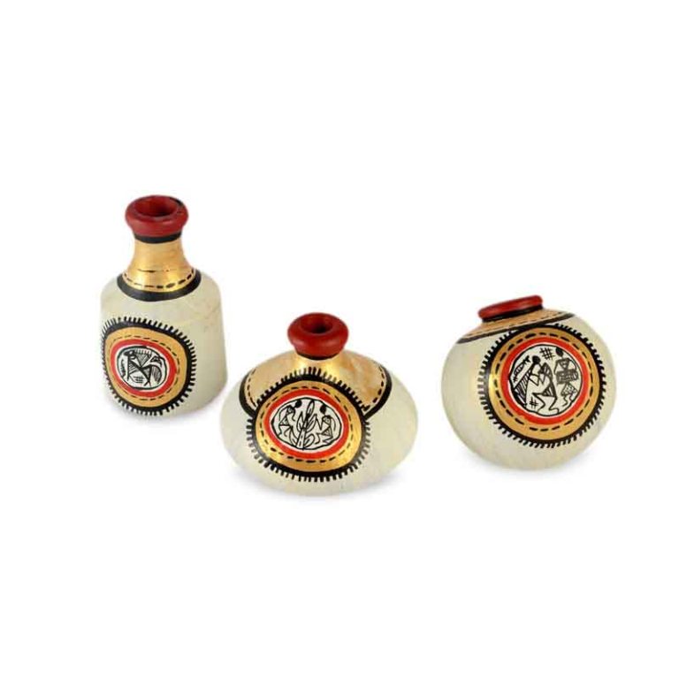 Warli Hand Painted Earthen Pots - Set Of 3 - Rich Gold