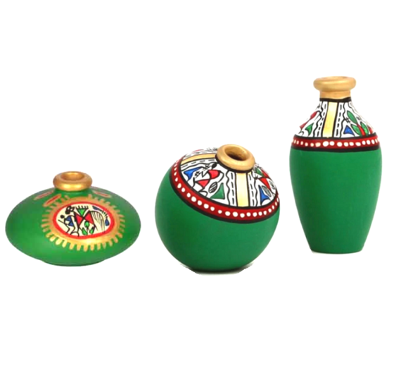 Warli Hand Painted Earthen Pots - Set Of 3 - Bright Green