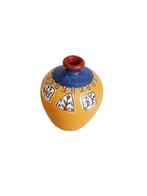 Earthen Pot With Warli Painting in Yellow and Blue