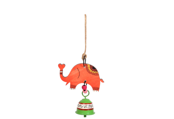 Colorful Wood Elephant Hanging With Green Metal Bell
