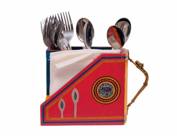 Ethnic Wooden Cutlery Holder With Dhokra Brass Art