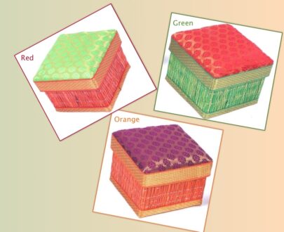 Kora Grass Box With Banarasi Brocade Lid - Red Green Orange