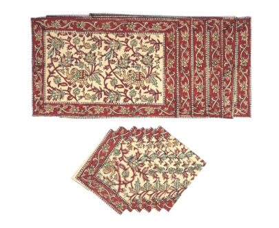 Ethnic Block Print Table Mats and Napkins Set in Maroon