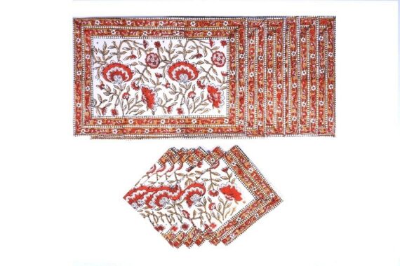 thnic Block Print Table Mats and Napkins Set in Orange