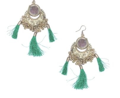 Ethnic Mirror With Tassel Brass Earrings in Green