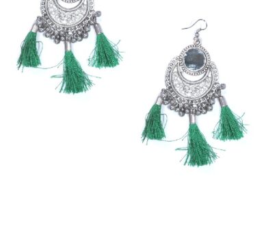 Ethnic Mirror With Tassel Earrings in Green