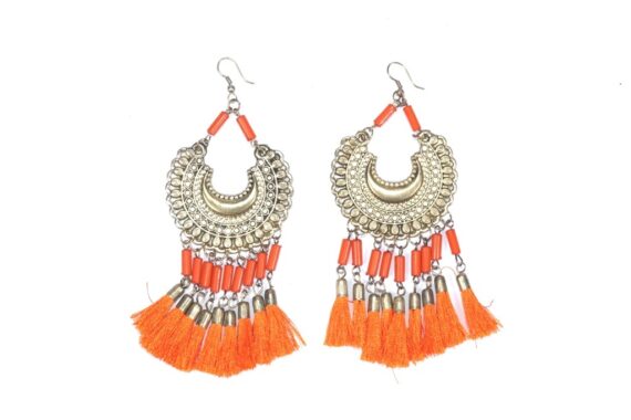 Trendy Long Tassel Brass Earrings in Orange