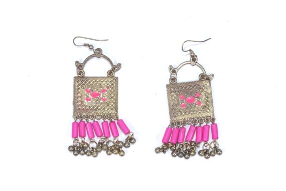 Afghani Metal Earrings With Pink Beads